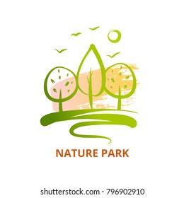 Nature National Park With Bird And Sun. Template Logo With Silhouette Tree. Symbol Logotype, Badge Isolated Green Forest. Concept Image For Camping, Outdoor Activity And Park Recreation. 