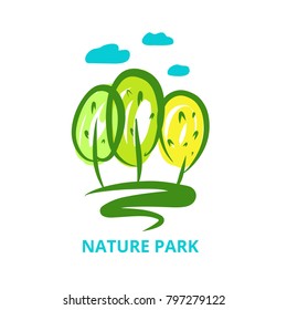 Nature national park. Template logo with silhouette tree. Symbol logotype, badge isolated green forest. Concept image for camping, outdoor activity and park recreation. Vector illustration.