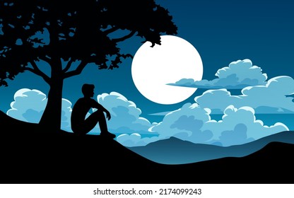 Nature night background with full moon and man sitting under the tree