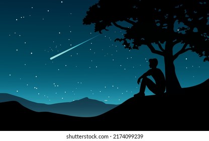 Nature night background with starry sky man sitting under the tree