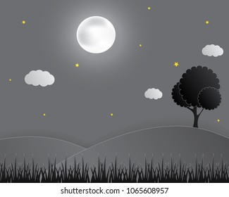 Nature night landscape background. Cuted paper design. Vector eps10.