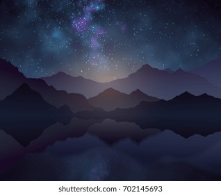 Nature night vector background with starry sky, mountains and water surface. Landscape and mountain with cosmos starlight sky illustration