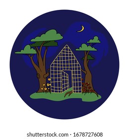 In the nature at night. Vector flat illustration. Cartoon green trees, moon, flowers, night sky. Concept nature is our home. For cards, covers, prints, embroidery, emblem, tourism, park.