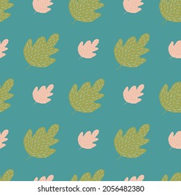 Nature oak seamless pattern on blue background. Cute foliage backdrop. Simple nature wallpaper. For fabric design, textile print, wrapping, cover. Doodle vector illustration.