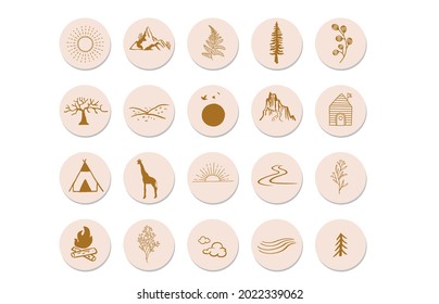 nature object collection with sun,mountain,tent for social media,sticker