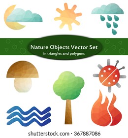 Nature objects vector set. Nature objects in geometric figures. Objects in triangles and polygons.
