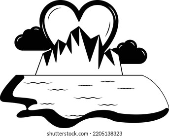 Nature Ocean Sunset Glacier Vector Icon Design, Nature Love Symbol, Artistic landforms Scene Sign, Heart in nature Stock illustration, Beautiful Landscape View, Sun Iceberg in sea with clouds Concept
