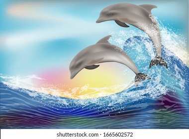 Nature ocean wallpaper with two dolphins, vector illustration	