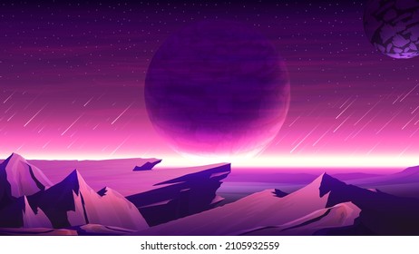 Nature on another planet with a huge planet on the horizon. Mars purple space landscape with large planets on purple starry sky, meteors and mountains.