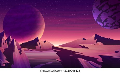 Nature on another planet with a huge planet on the horizon. Mars orange space landscape with large planets on purple starry sky, meteors and mountains on the horizon