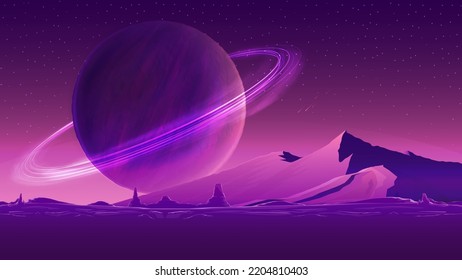 Nature on another planet with a huge planet on the horizon. Mars purple space landscape with large planet on purple sky