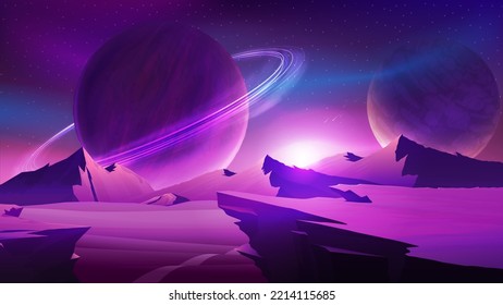 Nature on another planet with a huge planets and large mountains on horizon. Mars purple space landscape with large planet on purple sky