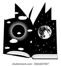 Nature as open book with day and night pages. Juxtaposition of sun and moon. Creative concept for nature and knowledge. Black and white silhouette.
