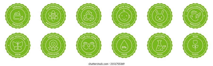 Nature Organic Eco Friendly Cosmetic Ingredient Green Label Set. Bio Makeup Cosmetic Product Stamp. Cruelty Free, Natural Skincare Sticker. Herbal Certificate Sign. Isolated Vector Illustration.