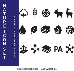 Nature and Organic Material Icon Set – Cotton, Wool, Hemp, Plant, Fabric, Eco Symbols – Vector EPS