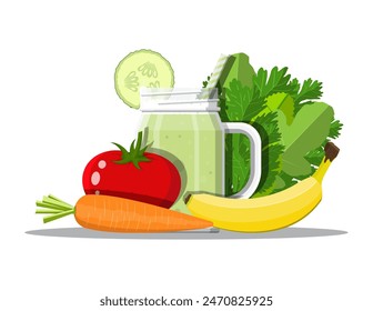 Nature organic products. Diet, nutrition, fitness and weight loss. Vitamins from fruits vegetables. Tomato, carrot, banana, salad and cucumber smoothie. Veggie food. Flat vector illustration