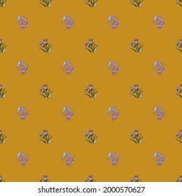 Nature organic seamless pattern with small bell flowers silhouettes print. Orange background. Graphic design for wrapping paper and fabric textures. Vector Illustration.