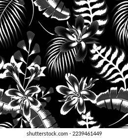 Nature ornament for textile with tropical leaves and plants foliage design on dark background. tropical Floral seamless background. vector design illustration. fashionable prints textile. Exotic