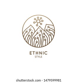 Nature ornamental logo in linear style. Vector abstract icon of landscape with trees, birds, forest - business emblems, badge for a travel, farming and ecology concepts, health, spa and yoga Center.