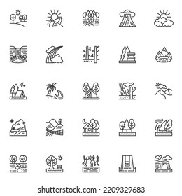 Nature and outdoor line icons set. linear style symbols collection, outline signs pack. Nature landscape vector graphics. Set includes icons as seascape, mountain hill, countryside meadow, waterfall