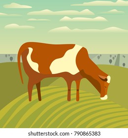 Nature outdoor valley landscape. Cartoon simple minimalism design. Farming brown cow on meadow. Rural scene view with domestic cattle mammal on green grass hill, field. Vector countryside illustration