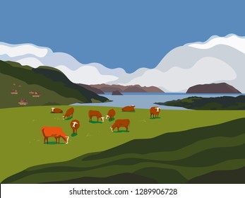 Nature outdoor valley landscape. Colorful cartoon. Farming herd of brown cows on meadow. Rural community scene view. Domestic cattle mammal on green grass hill, field. Vector countryside background