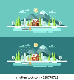 Nature. Outdoor. Winter landscape. Vector illustration in flat design style.