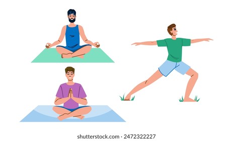 nature outdoor yoga man  vector.  park wo, sport group, mature healthy nature outdoor yoga man character. people flat cartoon illustration