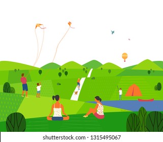 Nature outdoors family leisure activity. Green valley landscape outdoor cartoon. Minimal simple style. Summer season family together vacation fun resting on lake. Vector nature background illustration