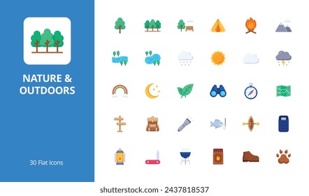 Nature and Outdoors Icon Set with flat style. Perfect for UI, infographics, or social media content related to nature, outdoor activities, camping, hiking, and traveling.