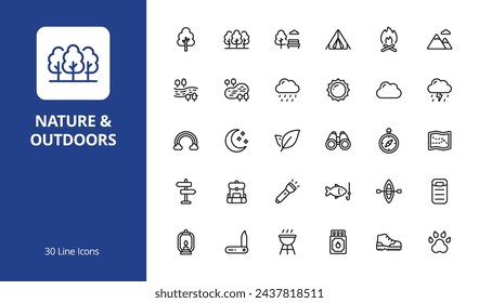 Nature and Outdoors Icon Set with line style. Perfect for UI, infographics, or social media content related to nature, outdoor activities, camping, hiking, and traveling.