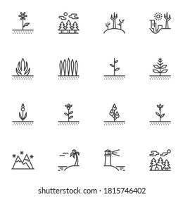 Nature, outdoors line icons set, outline vector symbol collection, linear style pictogram pack. Signs, logo illustration. Set includes icons as forest trees, flowers, plants, mountains, island