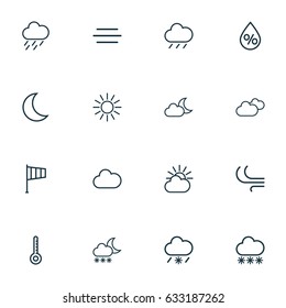 Nature Outline Icons Set. Collection Of Overcast, Snow, Rain And Other Elements. Also Includes Symbols Such As Drizzle, Moonlight, Swirl.