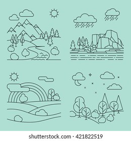 Nature Outline Landscapes With Mountains Fields And River. Vector Illustration