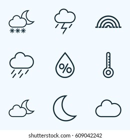 Nature Outlines Set. Collection Of Cloud, Rainbow, Snowfall And Other Elements. Also Includes Symbols Such As Snowfall, Cloud, Cloudy.