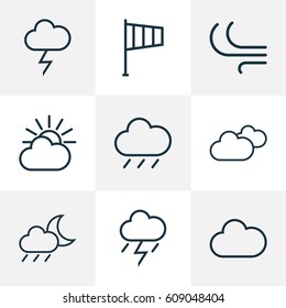 Nature Outlines Set. Collection Of Cloud Sky, Overcast, Stormy And Other Elements. Also Includes Symbols Such As Storm, Breeze, Weather.