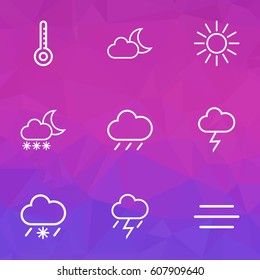 Nature Outlines Set. Collection Of Wind, Snowy Raining, Snowfall And Other Elements. Also Includes Symbols Such As Moonshine, Cold, Storm.