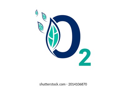 Nature Oxygen O2 icon concept with blue and green leaves isolated on white background. Oxygen Vector Illustration Graphic Design.