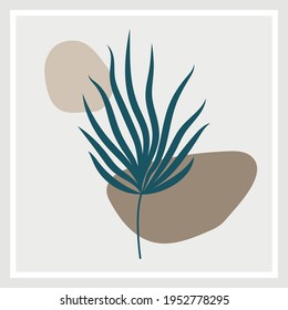 Nature palm. Hand drawn abstract tropical summer background: palm tree and banana leaves, bird-in-paradise flower in silhouette, line art. Vector art illustration in pastel retro colors. Spring. Decor