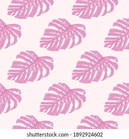 Nature palm seamless pattern with pink abstract monstera leaves. Isolated print. Decorative backdrop for wallpaper, textile, wrapping paper, fabric print. Vector illustration.