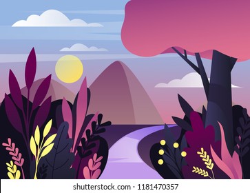 Nature panorama at dusk or twilight or wild landscape at dawn or morning. Scenic view on mountain or hill with sky or moon behind bushes and trees with road. Forest or wood environment