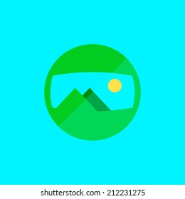 Nature panorama icon. Flat design. Circle landscape icon, with sky, sun, and mountains. Use for card, poster, brochure, banner, web. Easy to edit. Vector illustration - EPS10.