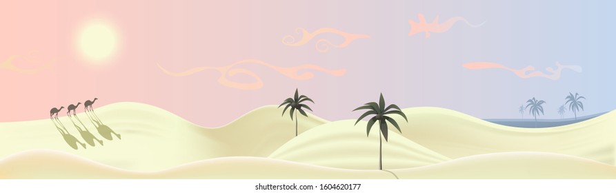 Nature panorama illustrating bright yellow desert under the sun. Three camels walk along the sand dunes towards the mirage, oasis far away. In the distance coconut trees and palms.  No people Vector.