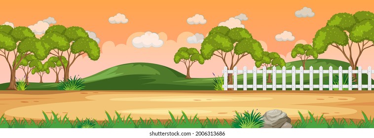 Escena panorámica de la naturaleza al atardecer con muchos árboles e ilustración de la montaña