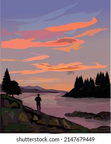 Nature panoramic mountain and beach background. Colorful sunset. Northern lights. with a pine tree silhouette