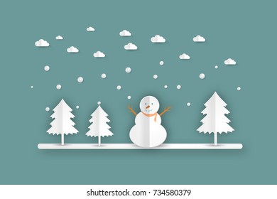 Nature, Paper cut and craft winter landscape with Christmas trees, snowman, snow drifts. Happy New Year card on blue background vector illustration