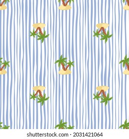 Nature paradise seamless pattern with green palms and island shapes. White and blue striped background. Designed for fabric design, textile print, wrapping, cover. Vector illustration.