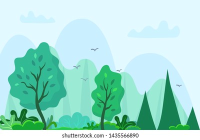 Nature park or forest banner with trees, bushes and mountains. Serenity outdoor background for meditation, relaxation or footer. Landscape designed with flat cartoon style vector illustration. 