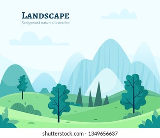 Nature park or forest outdoor background with mountains. Flat cartoon style vector illustration.