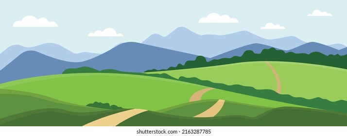 Nature park or forest outdoor background with mountains. Flat cartoon style vector illustration